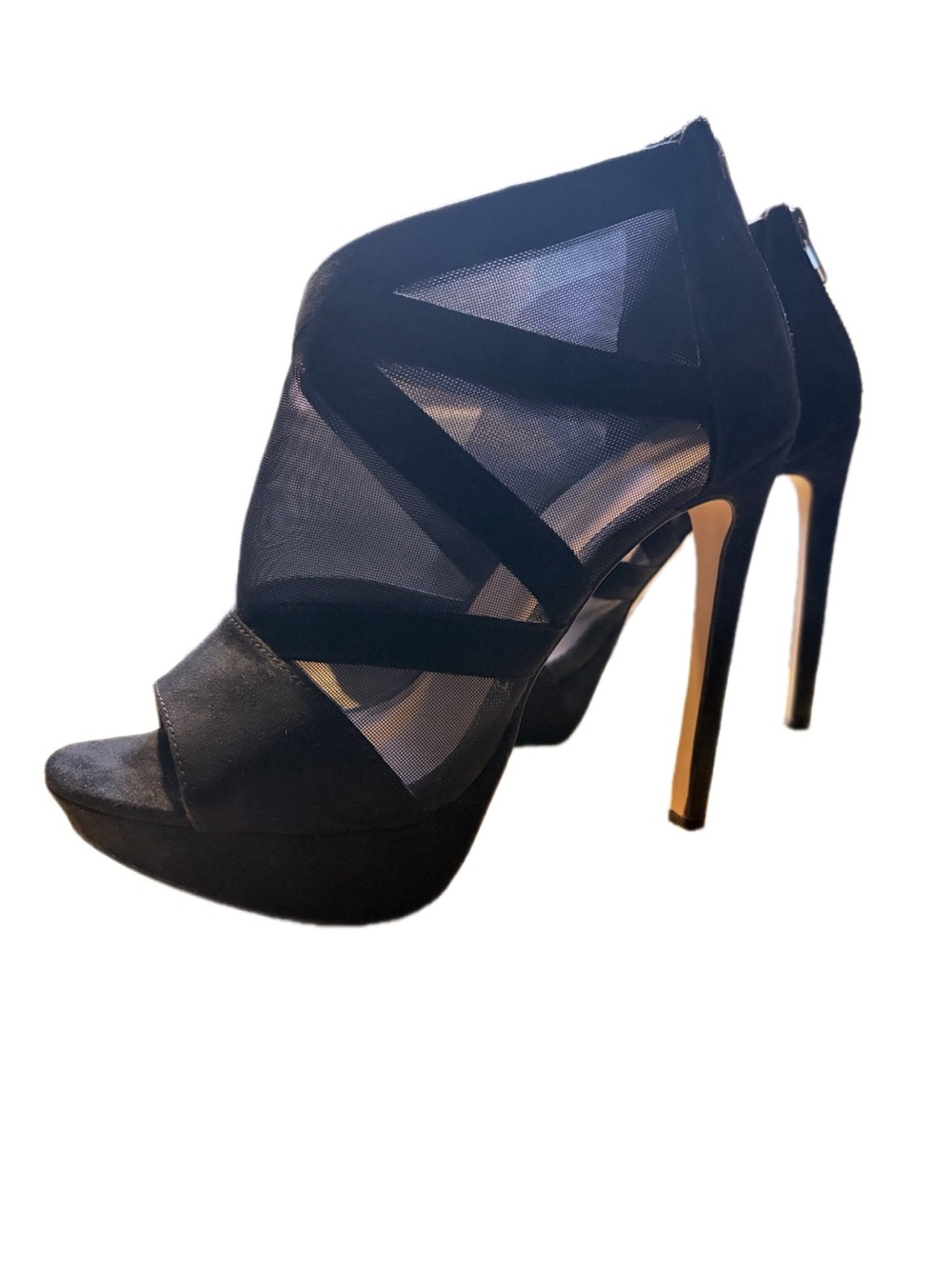 Mix No. 6 Caminero Black Mesh and Faux Suede Peep Toe Platform Heels Sz 6